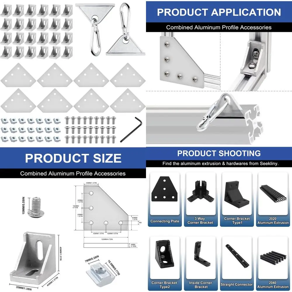 Aluminum 40x40mm Extrusion Corner Bracket Set with L-Plate, Corner Angle, and Sliding Hook Accessories