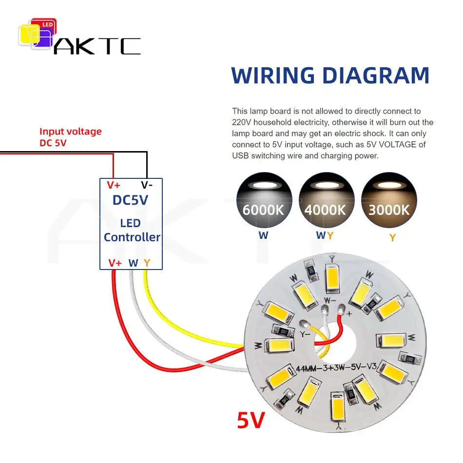 5Pcs 6W 5V Low Voltage Dual Colour LED Bulb Round Light Board SMD5730 Lamp Bead 3000K Warm White 6000K Circular Aluminum Plate