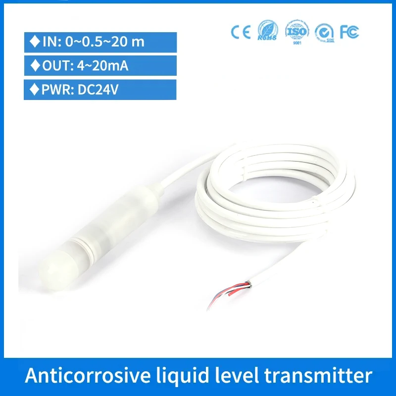 

PTFE Anti-corrosion Submersible Pressure Level Transducer Corrosive Liquid Level Sensor for Chemical Liquid Level Transmitter