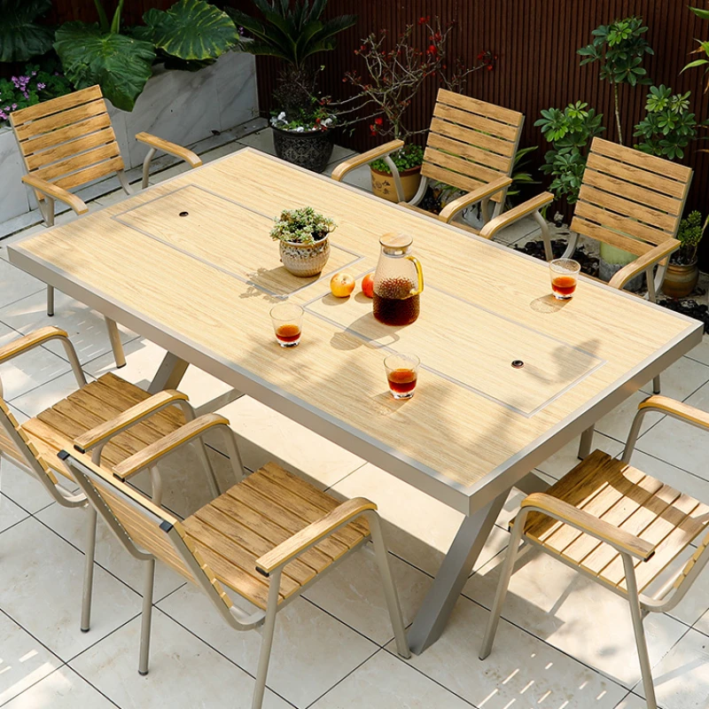 

Courtyard barbecue table, outdoor garden plastic wood table and chair, household barbecue stove