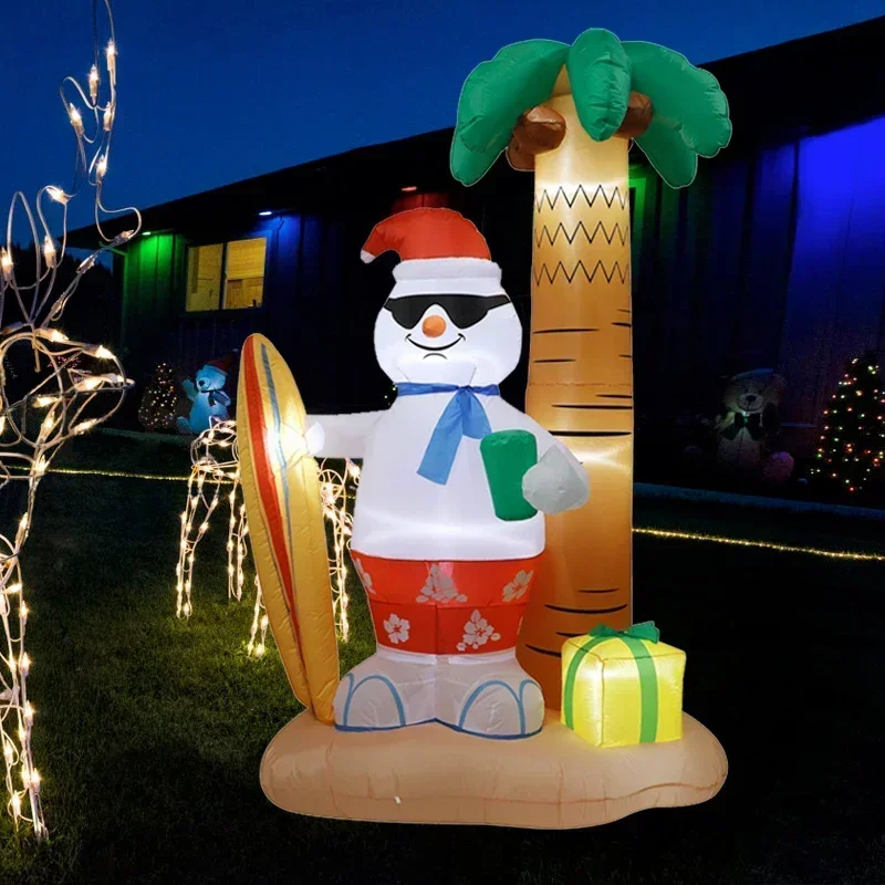 8ft Christmas Inflatable Surfing Snowman Palm Tree with LED Lights Blow Up Yard Decoration Outdoor Garden Xmas Holiday Ornament