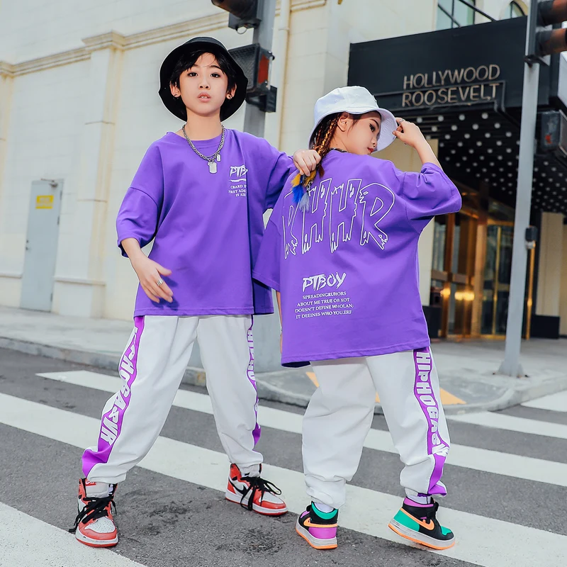 キッズジャズダンスウェア、ヒップホップパンツ、パープルTシャツ、ストリートダンスコスチューム、男の子と女の子、夏