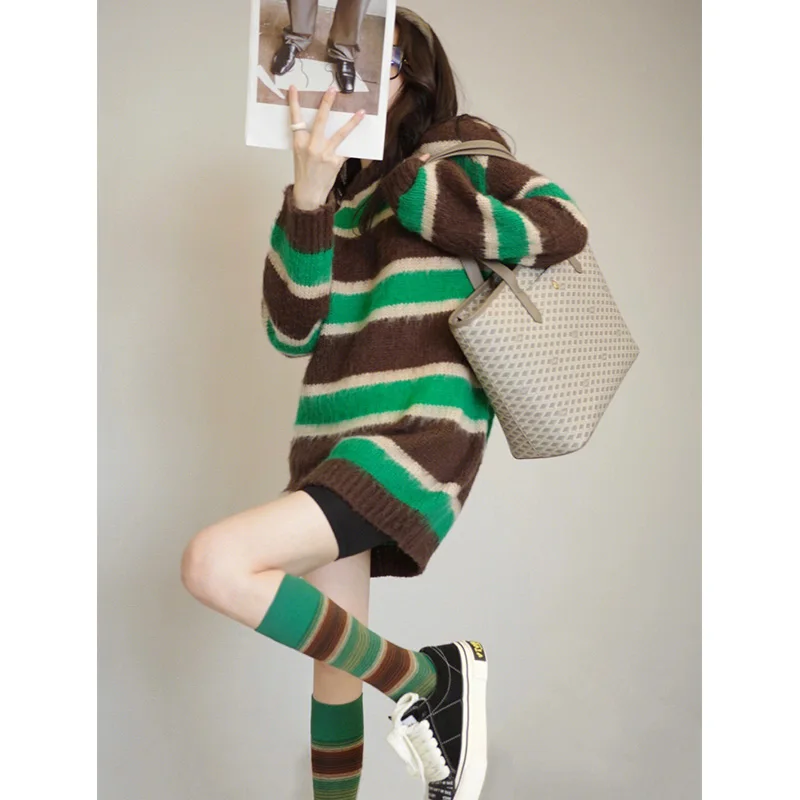 korean-faion-striped-sweater-women's-mid-length-loose-round-ne-top-trendy-lazy-sle-autumn-new-arrival