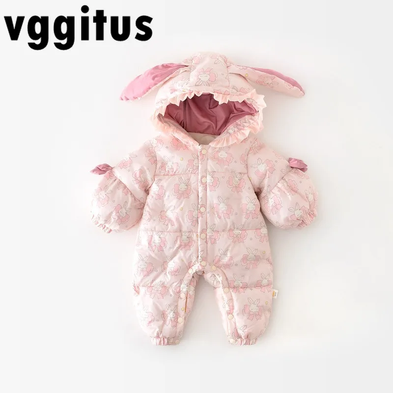 

Новый зимний комбинезон для маленьких девочек, зимний комбинезон с капюшоном и кроликом, толстый флисовый комбинезон с принтом кролика, теплая цельная верхняя одежда с рюшами Y5328