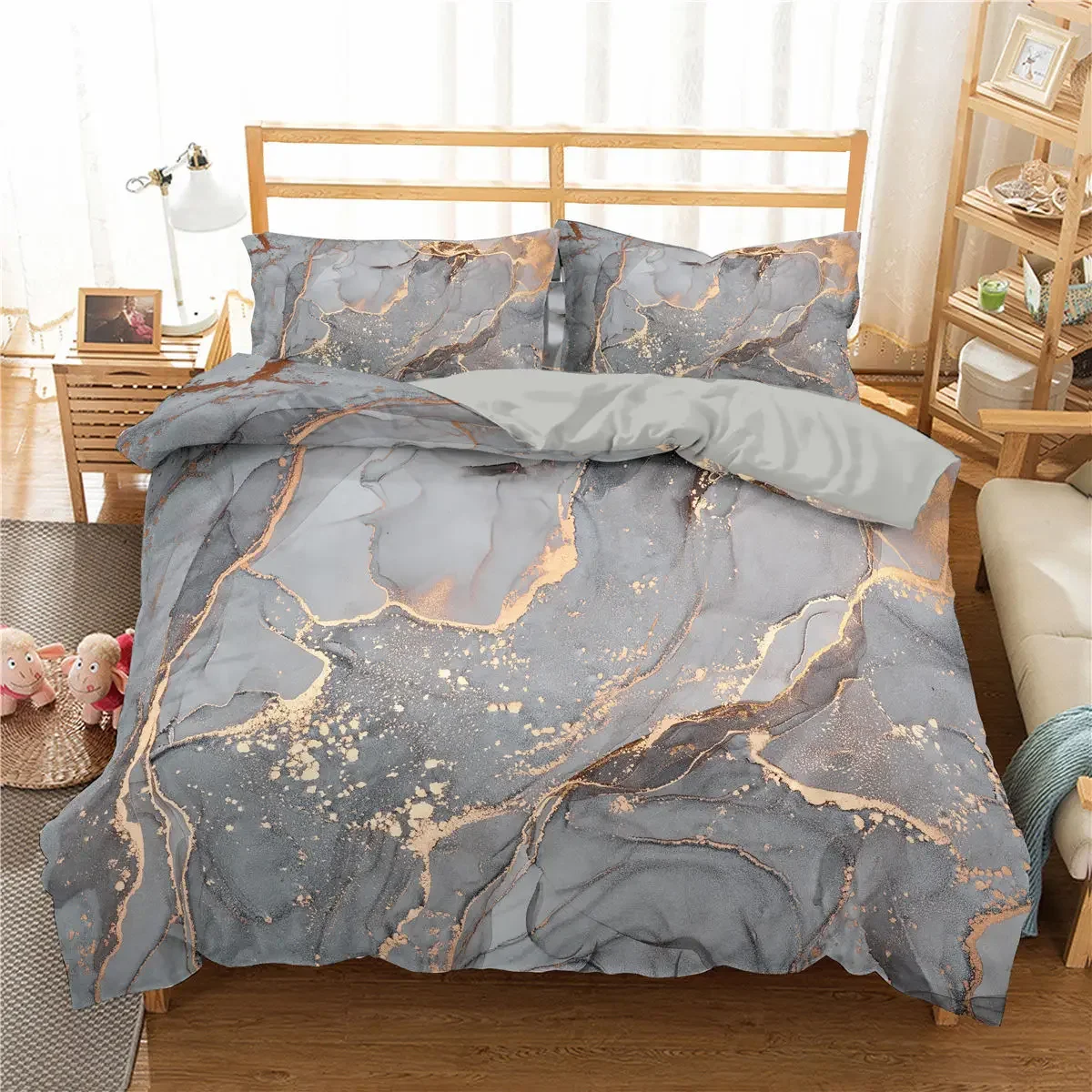 Marble Bedding Set King/Queen Size,Grey Gold Marble Duvet Cover Men Adults Modern Abstract Art Tie Dye Gothic Soft Quilt Cover