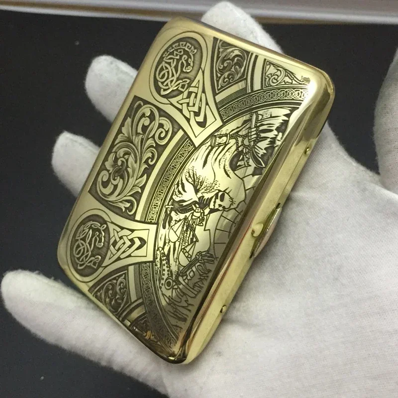 

Classic Embossed Brass Cigarette Carrier Stylish Metal Storage Wallet 16 Sticks Organizer Vintage Gift Accessory for Smokers