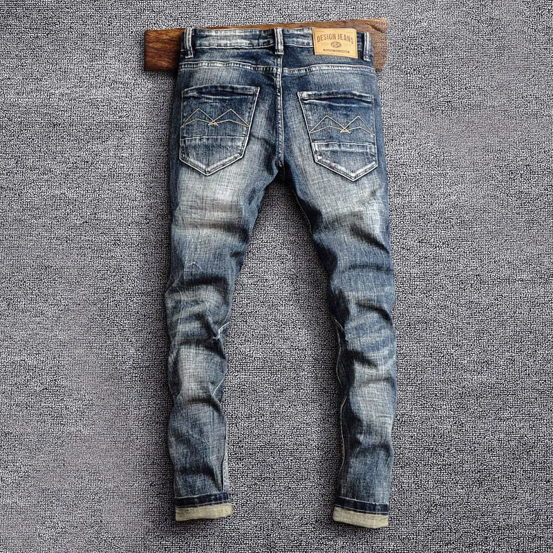 Italian Style Fashion Men Jeans High Quality Retro Washed Blue Elastic Slim Fit Ripped Jeans Men Vintage Designer Denim Pants