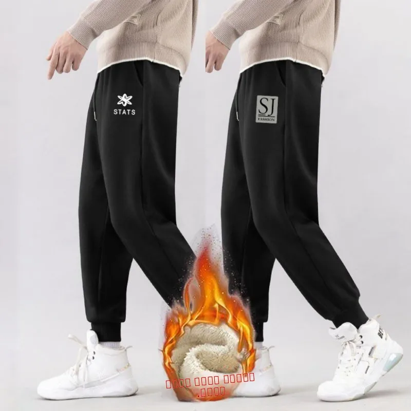 

Trendy Men's Fce Lined Printed Joggers Casual Thi Winter eepskin Slimming Commuter Long Pants Korean Sle Straight Leg