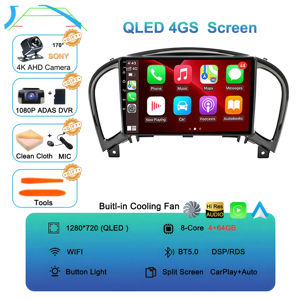 Android 16 videospeler Carplay Auto voor Nissan Juke YF15 2010 - 2014 Multimedia autoradio WiFi+4G DSP 2 DIN touchscreen