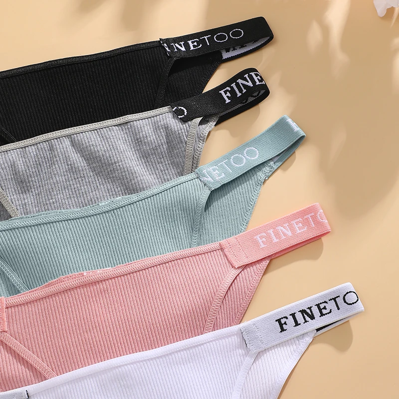 FINETOO 6Pcs Cotton Striped Underwear Women Letter Belt Panties Sexy Low-Waist Solid Bikini Female Breathable Briefs Lingerie