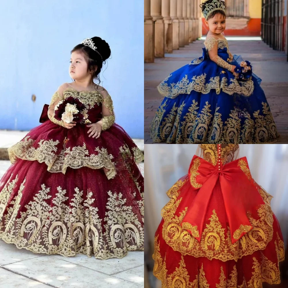 

Burgundy Flower Girl Dresses for Wedding Gold Lace Applique Girls Pageant Dress Floor Length Gala Cute Dress for Kids Customized