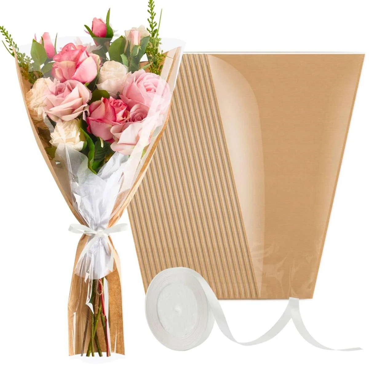 50 Piece Bouquet Flower Bags, Bouquet Wrapping Paper KAU30t Flower Cover with Ribbon for Florist (22x14.2 Inches)