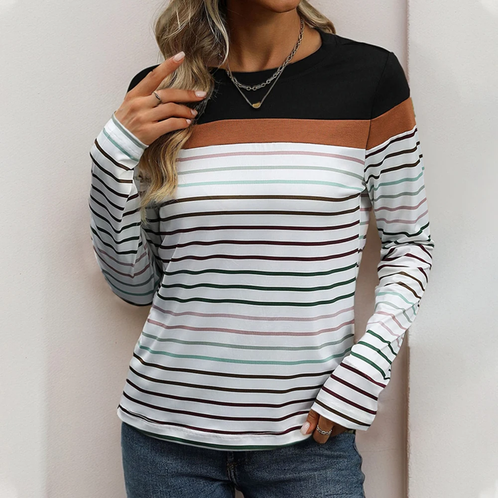 Women's Striped Round Neck Long Sleeve T-Shirt, Ladies Tops, Crew Neck Pullover, Casual Daily Shirts, Black and White Print Tee