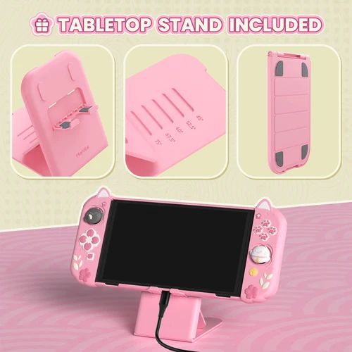 Imagen 2 del producto PlayVital Funda protectora a prueba de golpes para Nintendo Switch OLED con soporte adicional, cubierta dura acoplable con diseño de gatito y flores de cerezo