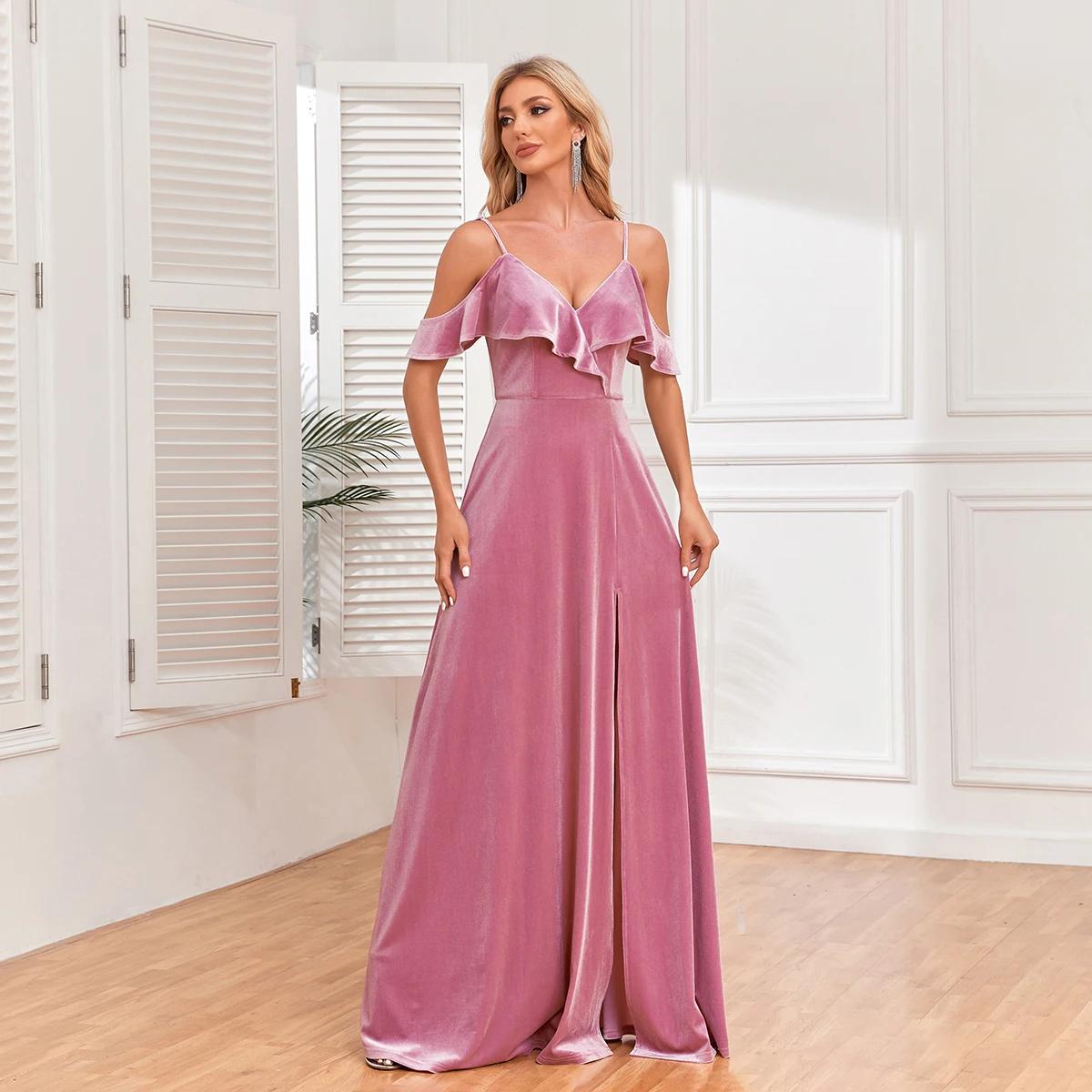 New Sexy Off-the-shoulder Front Lace Ruffle Slit Long Evening Dress with A-line Hem Velvet Bridesmaid Party Dress Robe De Soirée