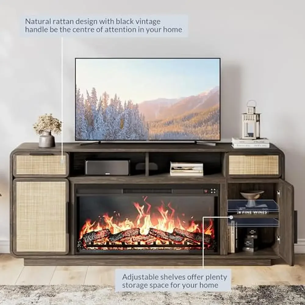 Boho 68" TV Stand Entertainment Center w/ 36" Electric Fireplace Heater Rattan Console Table Flame Effect Ample Storage Modern