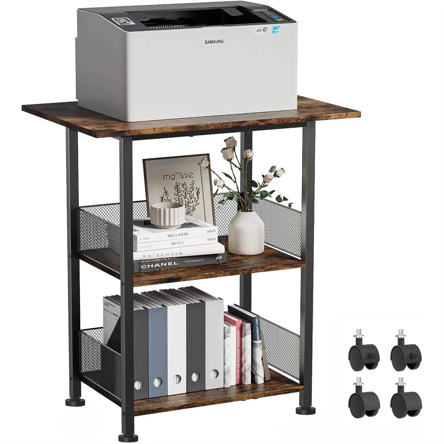 

Printer Stand, 3-Tier Industrial Large Printer Table with Shelf, 23.6"x15.7" Mobile Heavy Duty Storage Rack on Wheels for Home