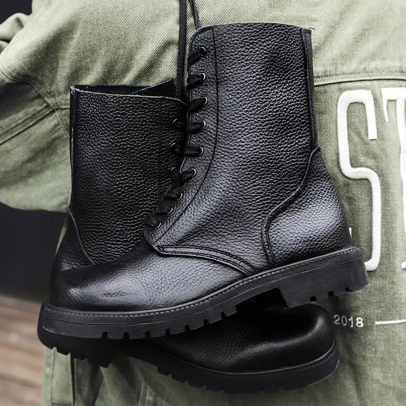 Men's Boots Mid Calf Basic Tactical Military Wear Resistant High Helper Workwear Anti Slip and Height Increasing Boots Men Shoes