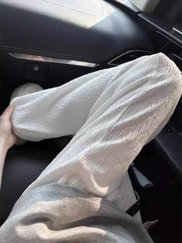 

Белые текстурированные мужские летние брюки из ледяного шелка: свободные, повседневные, струящиеся, быстросохнущие, прямого кроя, удобные, дышащие, модные