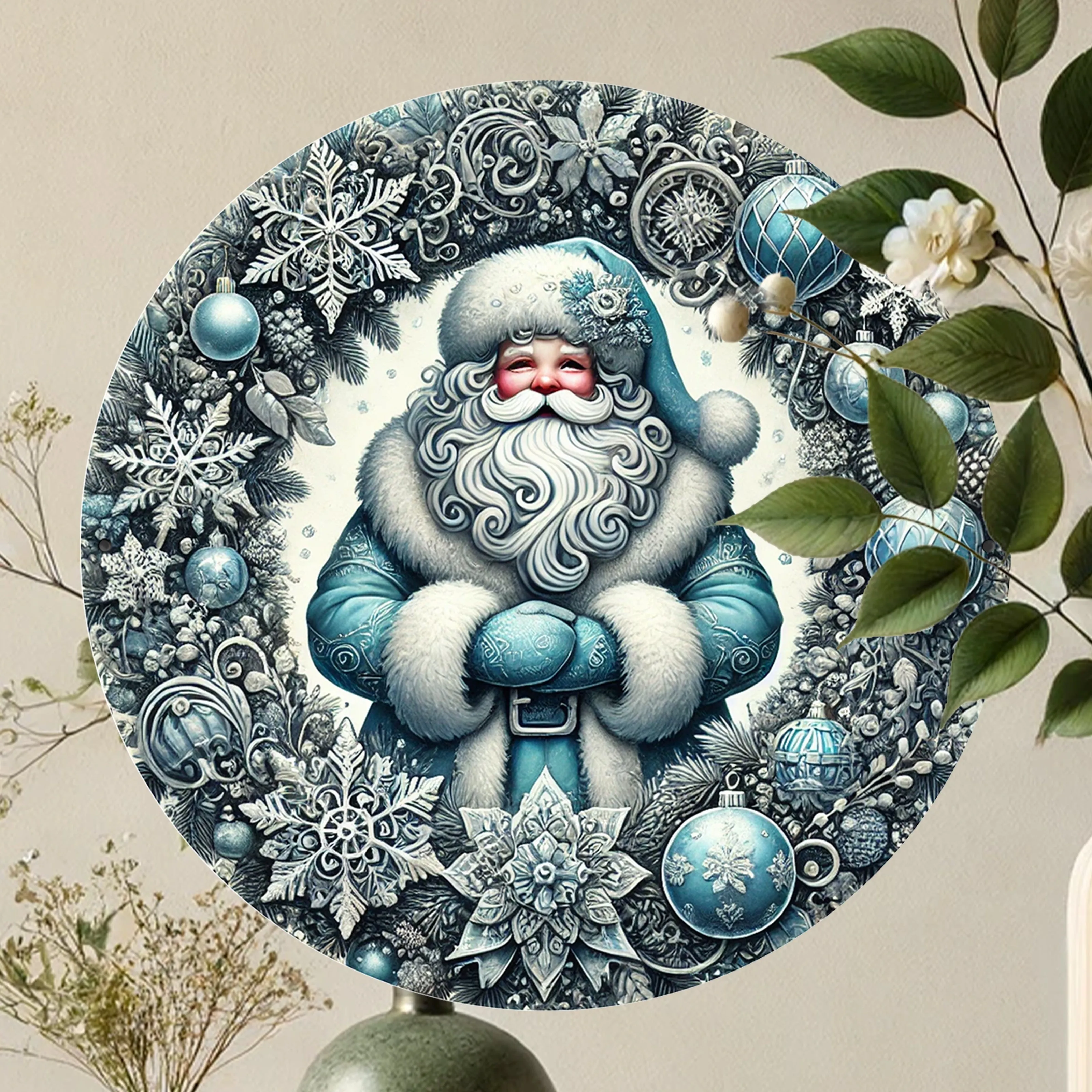 Stunning 3D Christmas Santa Wreath Wall Art - 20X20Cm (8X8In) 2D Printed Metal Sign, Perfect for Home Room, Cafe, Bedroom