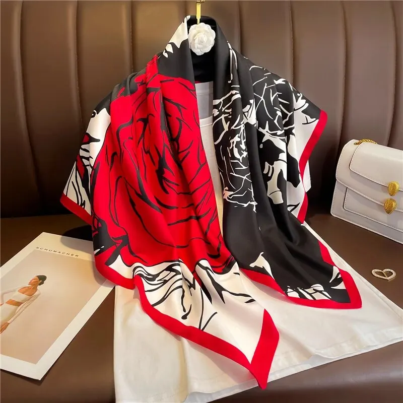 Design Luxury 90cm Twill Silk Women Scarf Sunscreen Foulard Shawl Hijab Female Hair Hijab Wraps Neckerchief Bandanda Echarpe