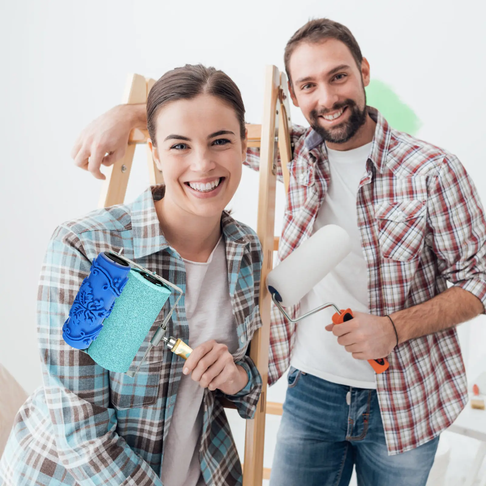 

DIY 5-дюймовый синий резиновый и металлический валик для декоративной росписи стен с узором в виде цветов, для создания объемного рисунка
