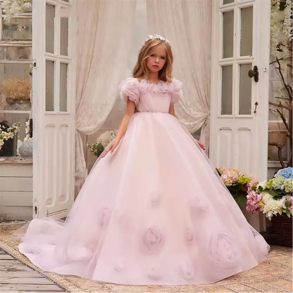 

Lovely Pink Flower Girl Dress Wedding Applique Puffy Sleeves Floor Length Princess Dress Birthday Party First Communion Gown