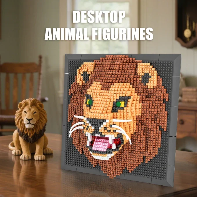 Creative Wall Art Frame Painting Featuring Lion DIY 3D Micro Animal Building Block Toy for Adults Wall Hanging Home Decor Gifts