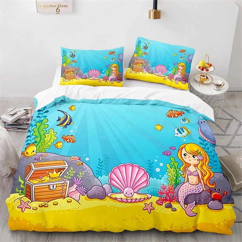 

Cartoon Fish Mermaid Duvet Cover King For Kids Boy Teen Ocean Animal Comforter Cover Microfiber Sea Underwater World Bedding Set