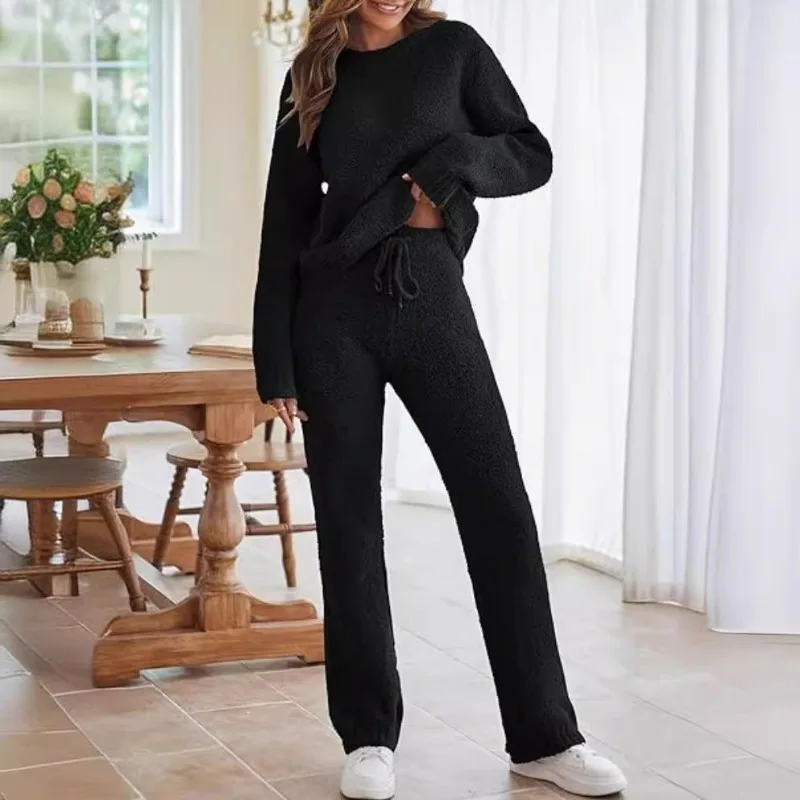 Sets for Women 2 Pieces Warm Suit Sweater Solid Elegant Traf Store Outfit Round Neck Tracksuit Autumn Clothes Female Trousers