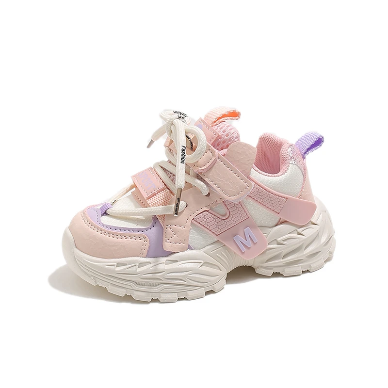 Toddler Letter M Chunky Sneakers, Kids Hook‑and‑Loop Mesh Patchwork Thick‑Sole Casual Sports Shoes 3 Colors