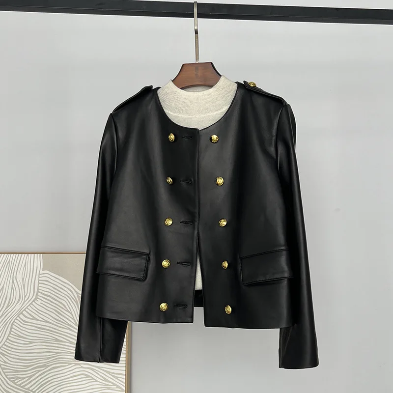 2024 Haining New Autumn Round Neck Genuine Leather Coat with Double breasted Sheepskin Short Fashion Versatile Coat