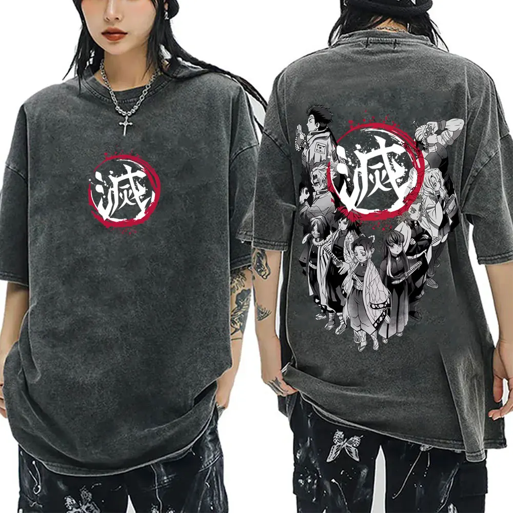 Washed Vintage Anime Demon Slayer Kokushibo Double Sided Print T Shirt Men Women Cartoon Fashion Oversized Short Sleeve T-shirt