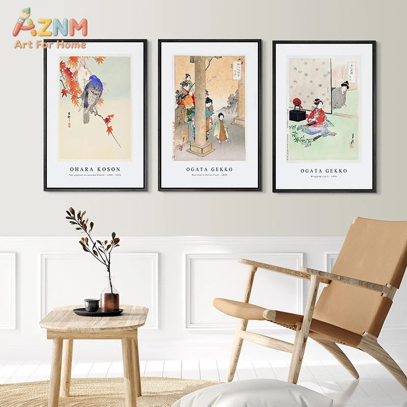 AZNM Japanese Ukiyo-e Canvas Wall Art Ogata Gekko Vintage Geisha Bird Insect Classic Oriental Print Living Room Decor Poster Unf