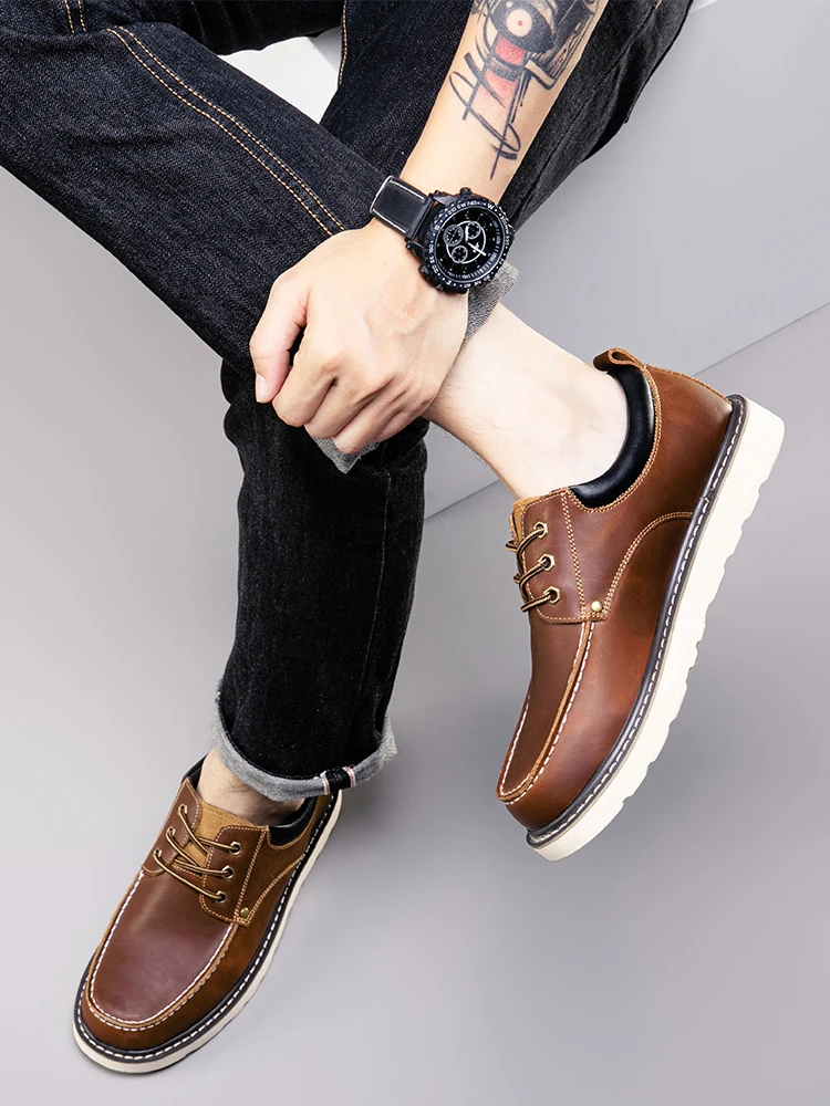 Owl City Men's Low-Top  Work Boots American Style Large Head Work Shoes Retro Casual Shoes Leather Rubber Outsole