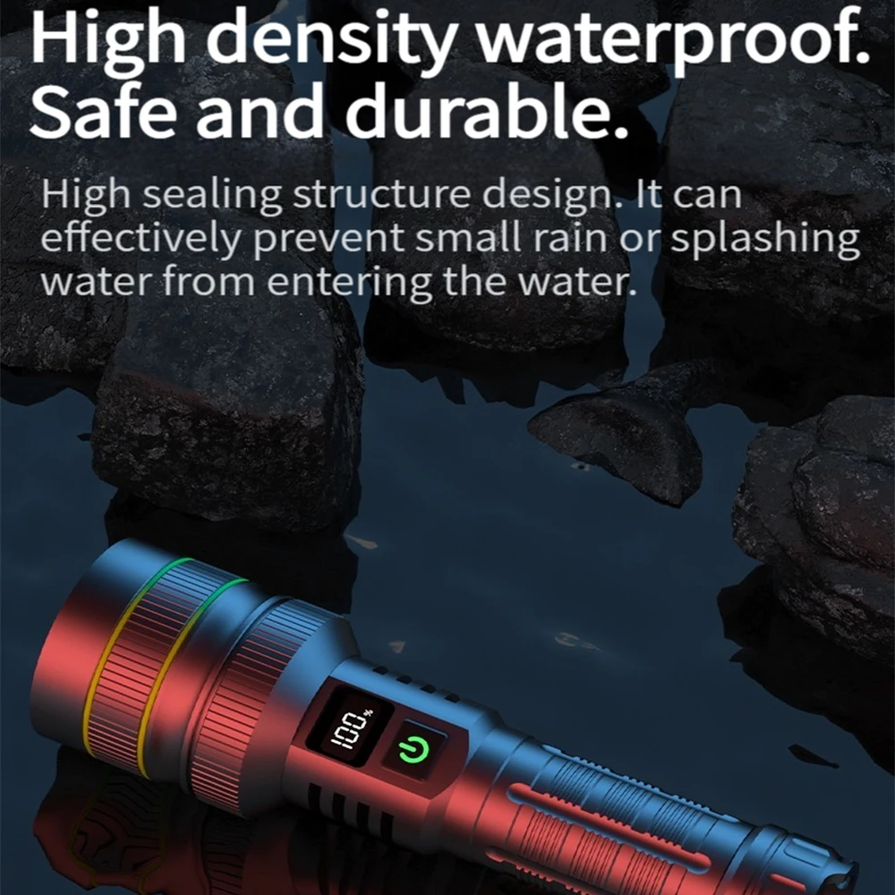 High Power LED Flashlight Spotlight Long Range Charging Zoomable Emergency Torch Flashlight Power Display Function without LOGO