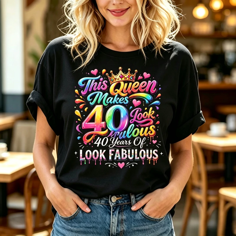 Queen Makes 40 Look Fabulous Graphic T Shirt Colorful Rainbow Crown Heart Short Sleeve Crewneck Casua Birthday Celebration Ladi