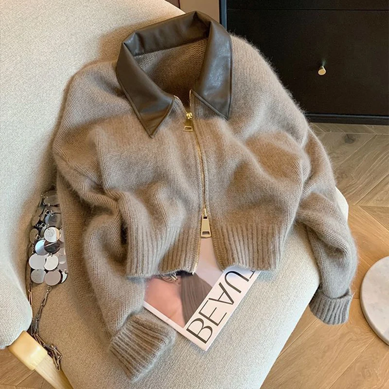 

Epligg Spliced Leather Collar Knit Sweater Fashion Double Zipper Cardigan Women's Autumn/Winter Soft Vintage New Long Sleeve