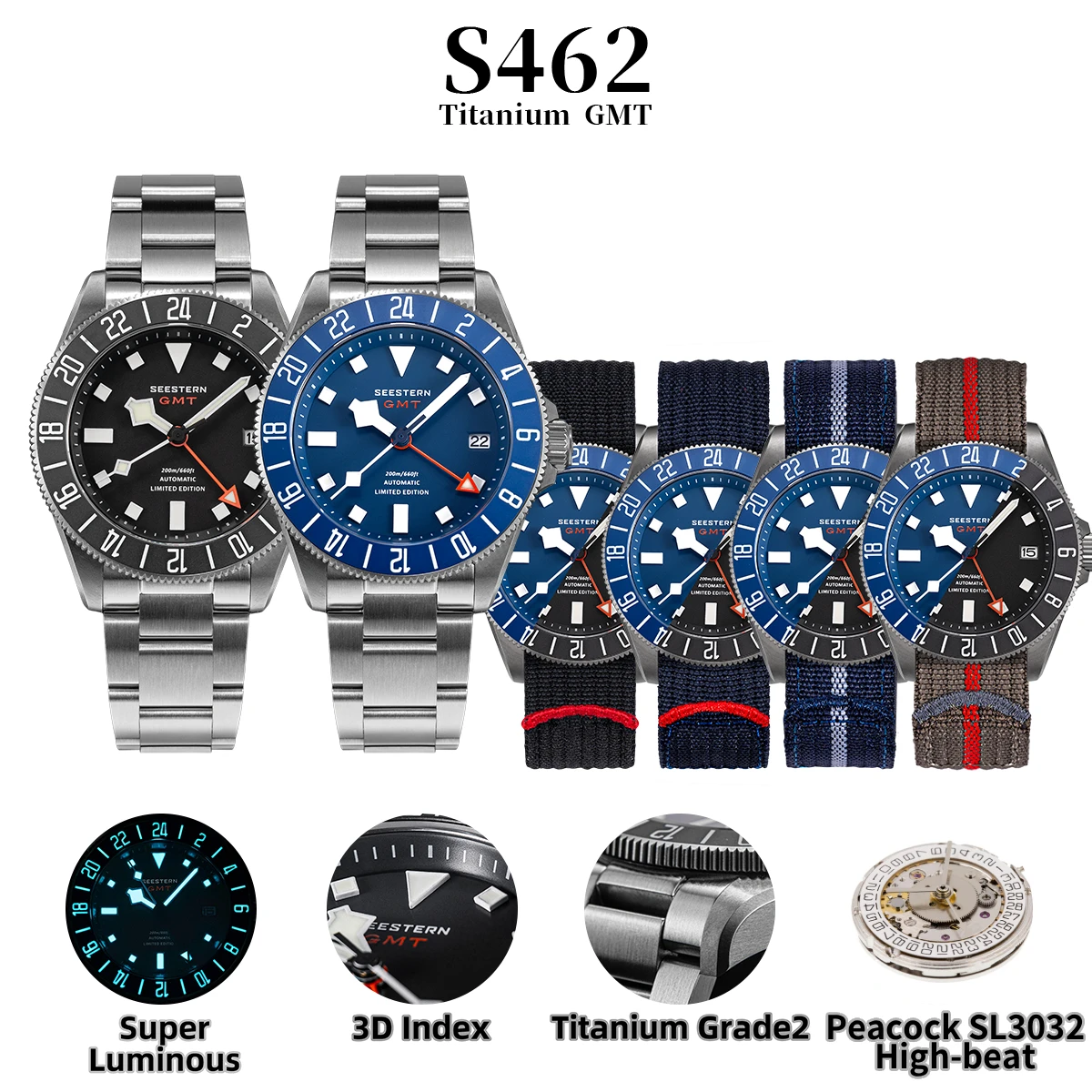 SEESTERN Diver Man Watch Titanium Automatic GMT Mechanical Wristwatch SL3032 Movement Sapphire Crystal 200M Waterproof Lume S462 - view 2