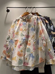 2026 Mori kei harajuku fashion cartoon printed long sleeve blouses oversized shirts for women autumn cotton oversized shirts