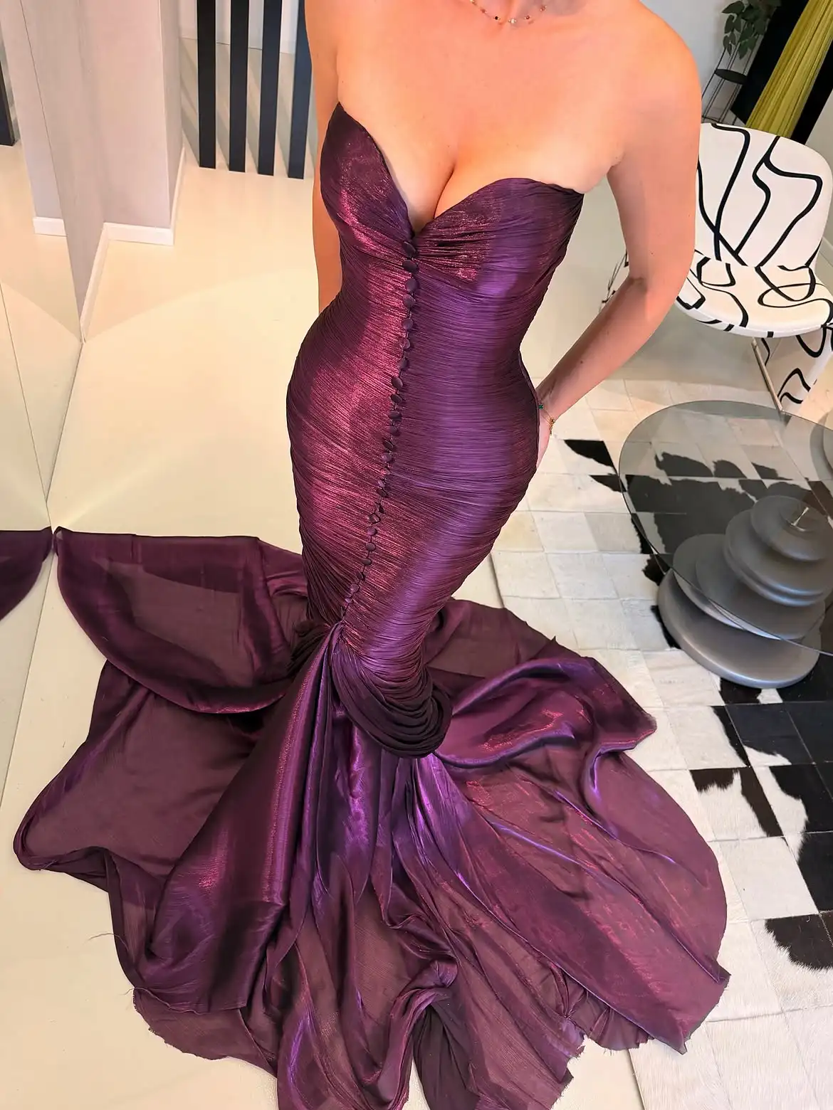 LumiGown Strapless Sweetheart Mermaid Evening Gown, Metallic Purple Ruched Formal Dress With Buttons And Flowy Train, Custom