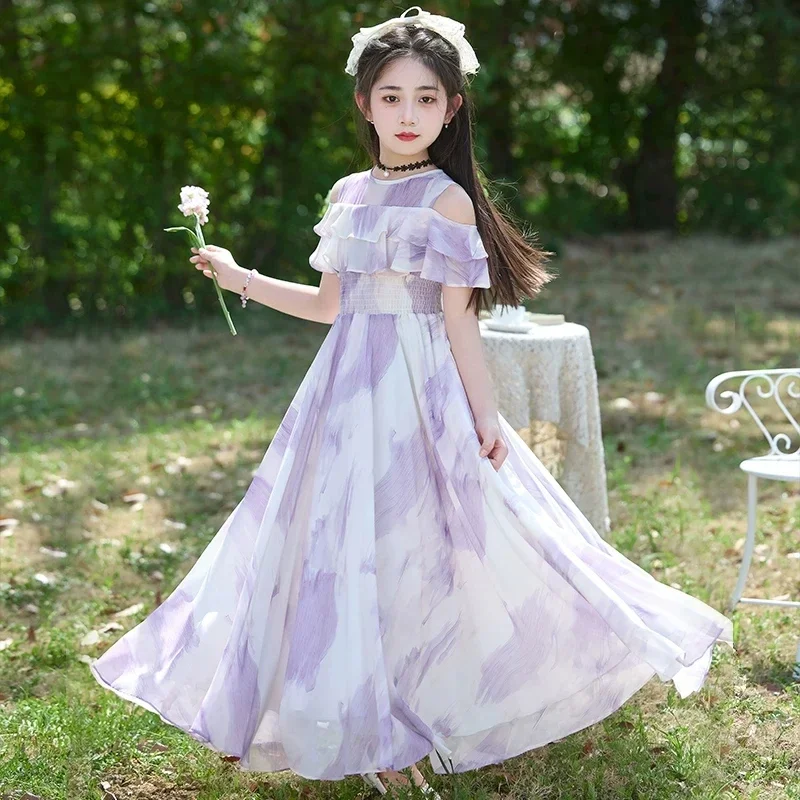 Novo Vestido Maxi Roxo Tie Dye para Meninas 2026, Vestido Longo de Chiffon com Ombro Vazado e Babados Franzidos, Vestidos Infantis para Férias de Verã