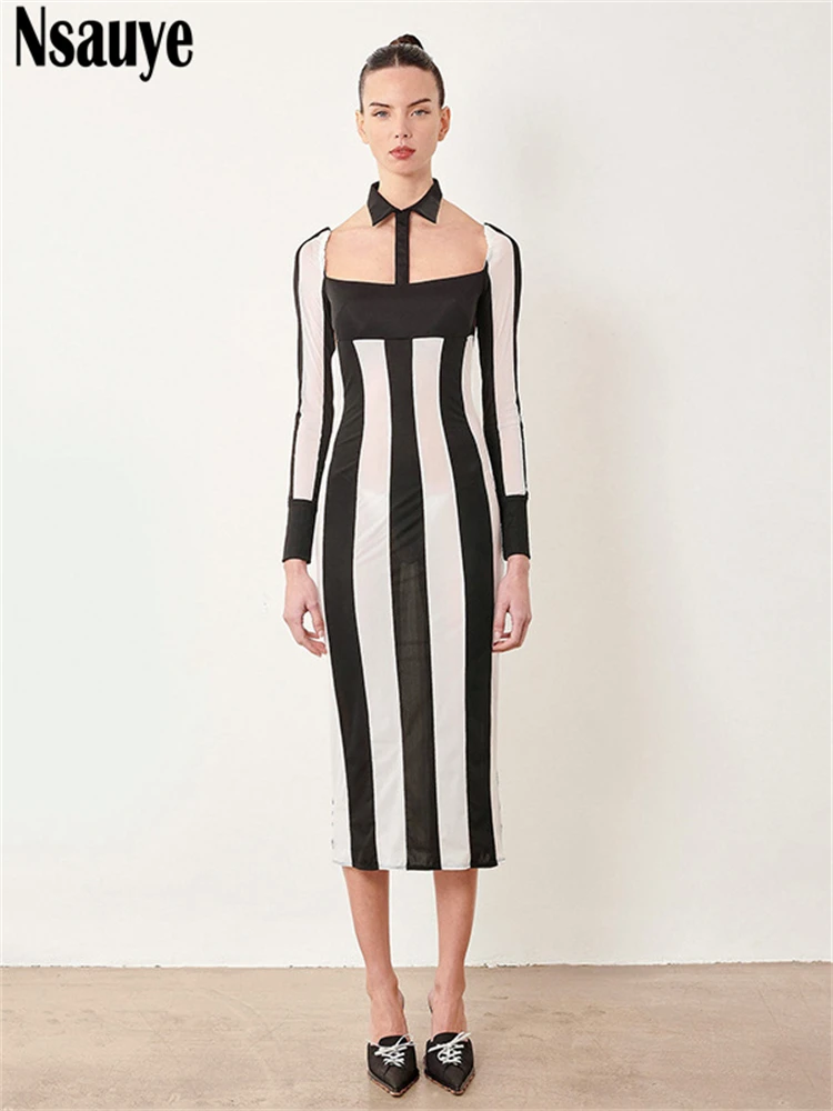 Nsauye New Fashion Elegant Striped Sexy Holiday Party Night Club Wrap Dresses Women Hollow Out Long Sleeve Chic Midi Dress 2024