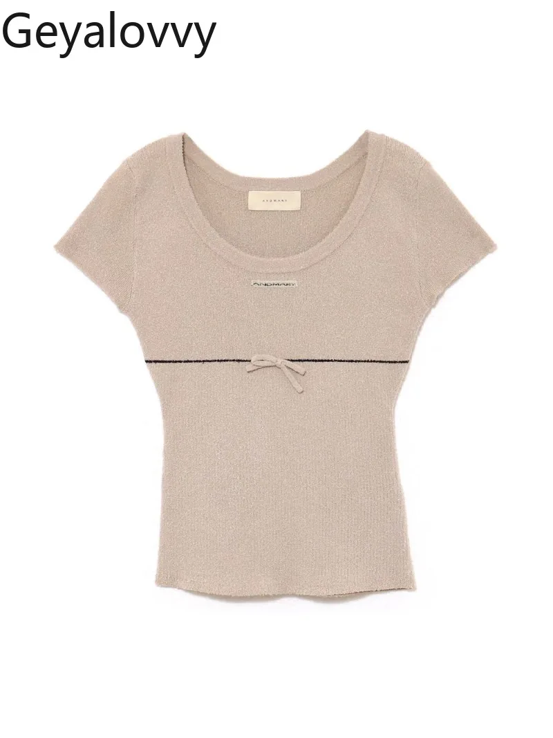 

Japanese Summer New Bow Short-sleeved Knitted Top Sweet and Cute Girls Versatile Slim-fitting Solid Color Short T-shirt