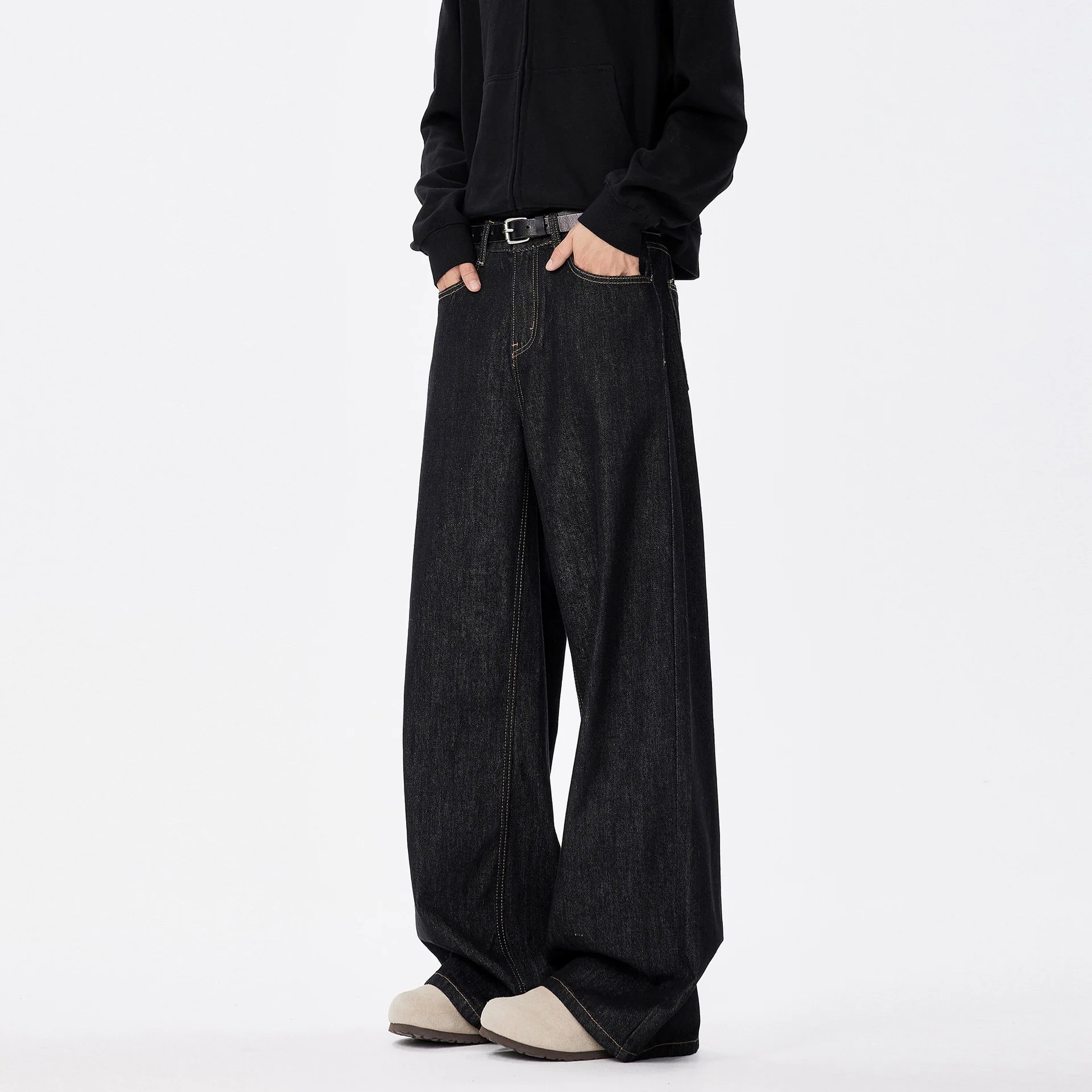 

American Vintage New Fashion Men's Black Solid Color Casual Trendy Loose Simple Basic Wide Leg Denim Trousers Male Jeans Pants