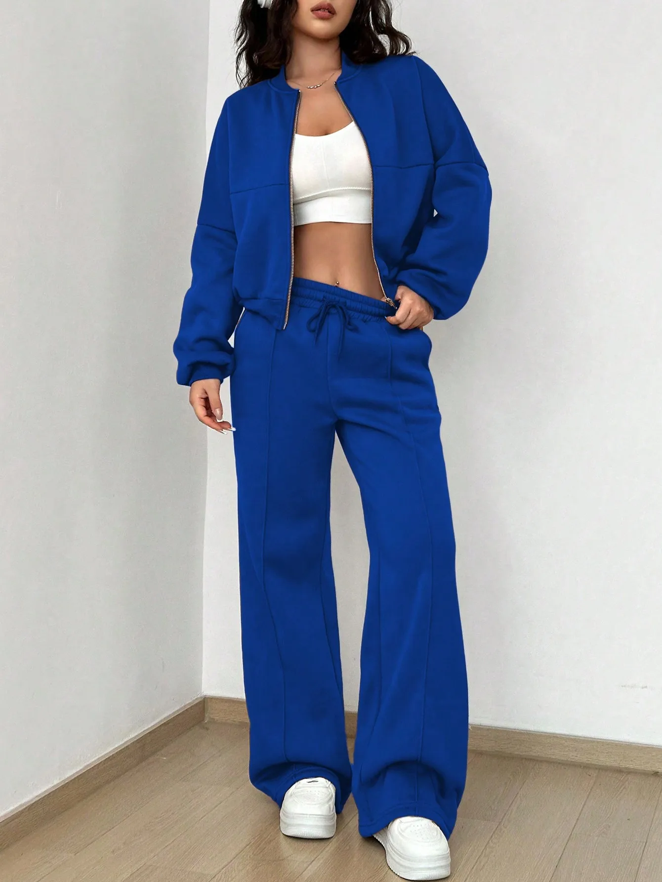 

Women's Royal Blue Casual Zip-Up Jacket and Wide-Leg Pants Set