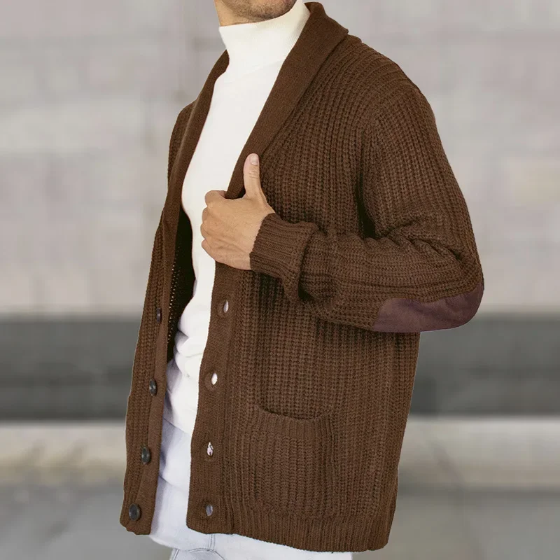 

European and American Men Knitted Sweater for Autumn and Winter, Lapel, Long-sleeved, Cardigan, Fashionable Spliced Casual Coat