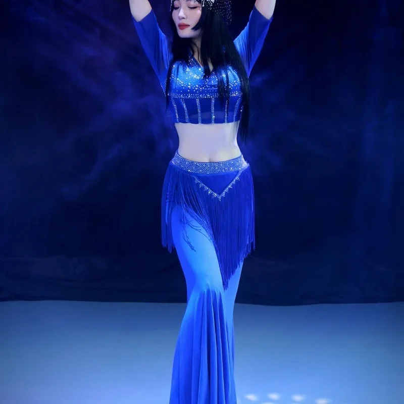 customized belly dance costume sexy blue tassel top half skirt 2pcs women's performance outfit set exotic dancewear