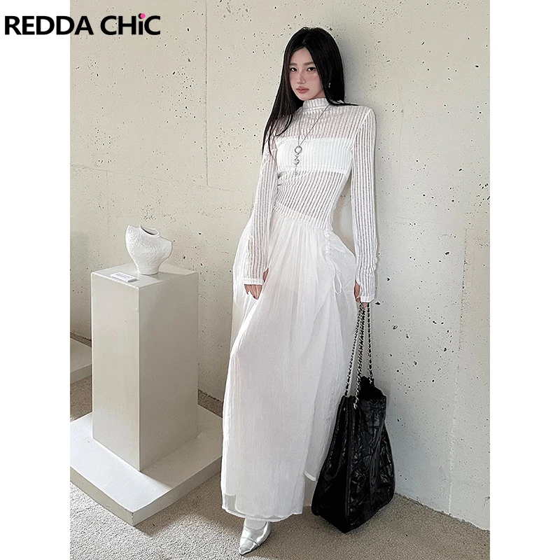 

Женское трикотажное платье макси REDDACHiC, длинное хлопковое Прозрачное платье в полоску с высоким воротником, Повседневная однотонная белая элегантная осенняя одежда