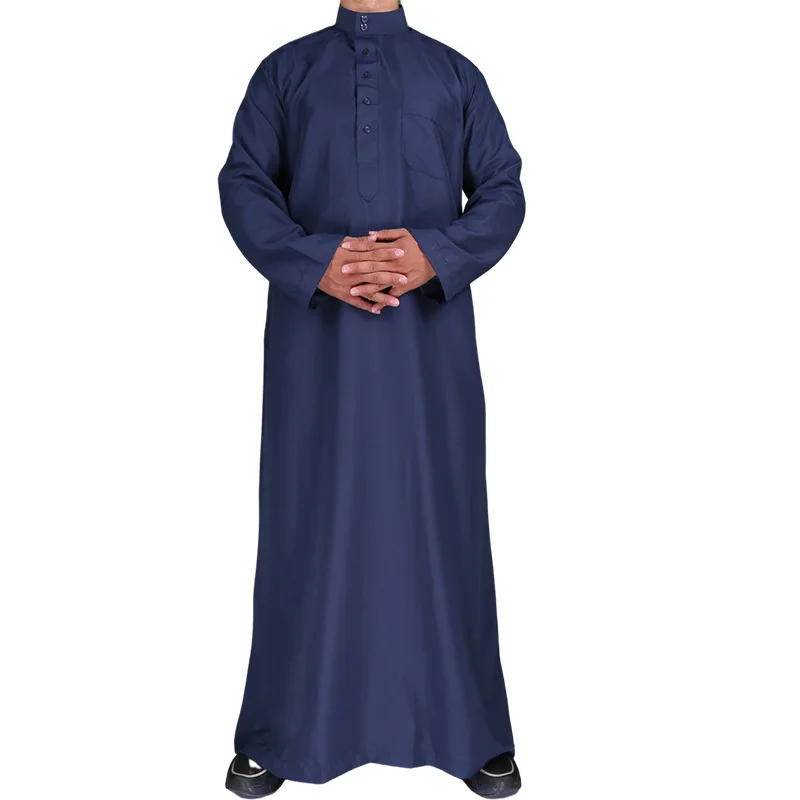 Men Jubba Thobe Eid Ramadan Navy Blue Solid Kaftan Arabic Muslim Islamic Abaya Polyester Djellaba Cheap Price Moroccan Qamis Man